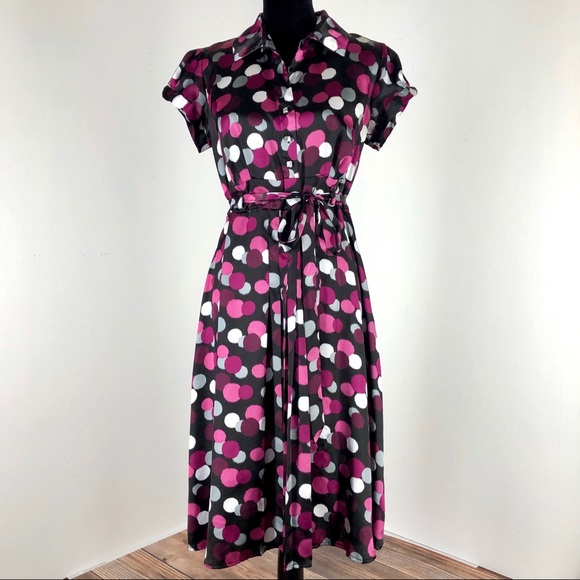 Polka Dot Cinch Dress Purple Black Size 12 - Picture 2 of 8